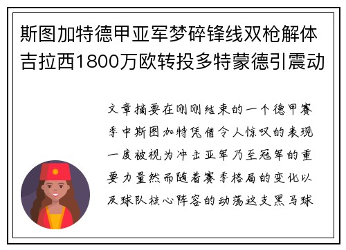 斯图加特德甲亚军梦碎锋线双枪解体吉拉西1800万欧转投多特蒙德引震动